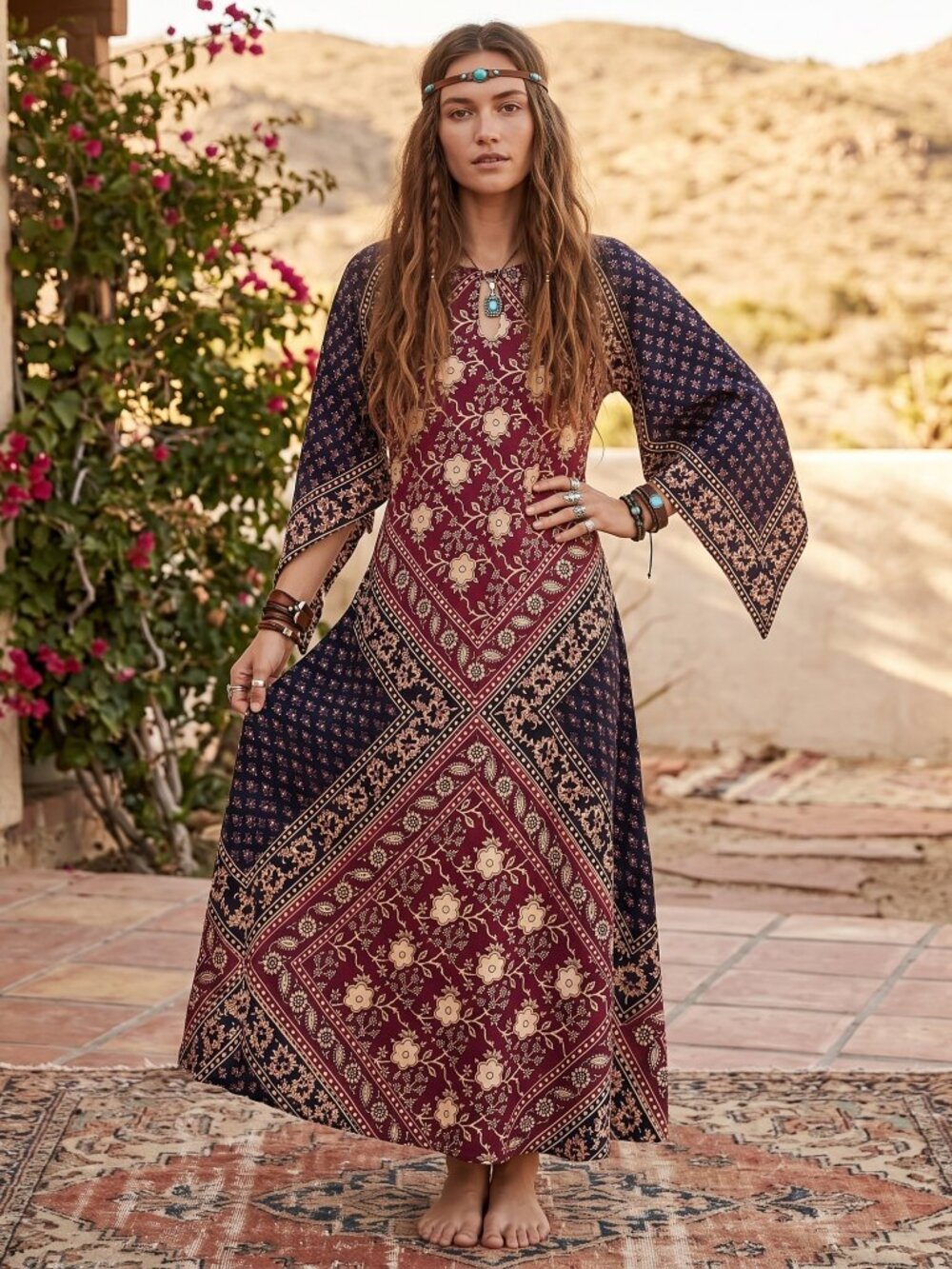 Vintage 1970s Indian cotton Bohemian Navy and Burgundy Floral Maxi Dress